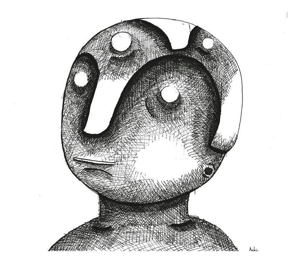 Son., a pen and ink self-portrait: a round head with a mask resting on the forehead.